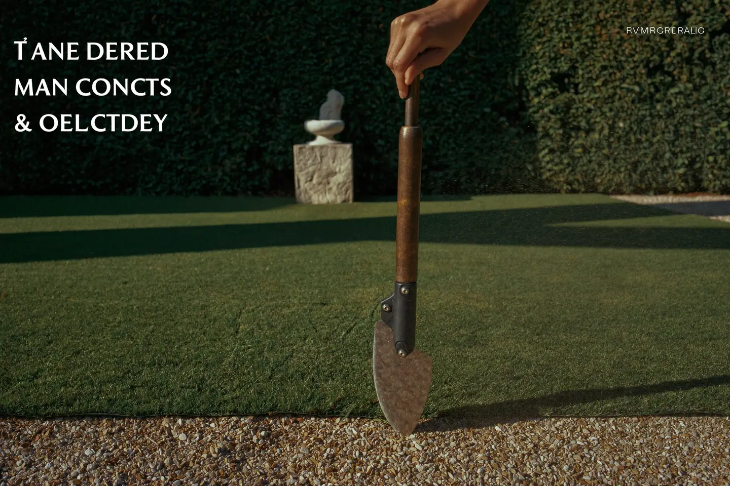 A half-laid roll of artificial turf meeting a compacted stone base, a steel turf-cutter planted upright beside it in hard noon sun.