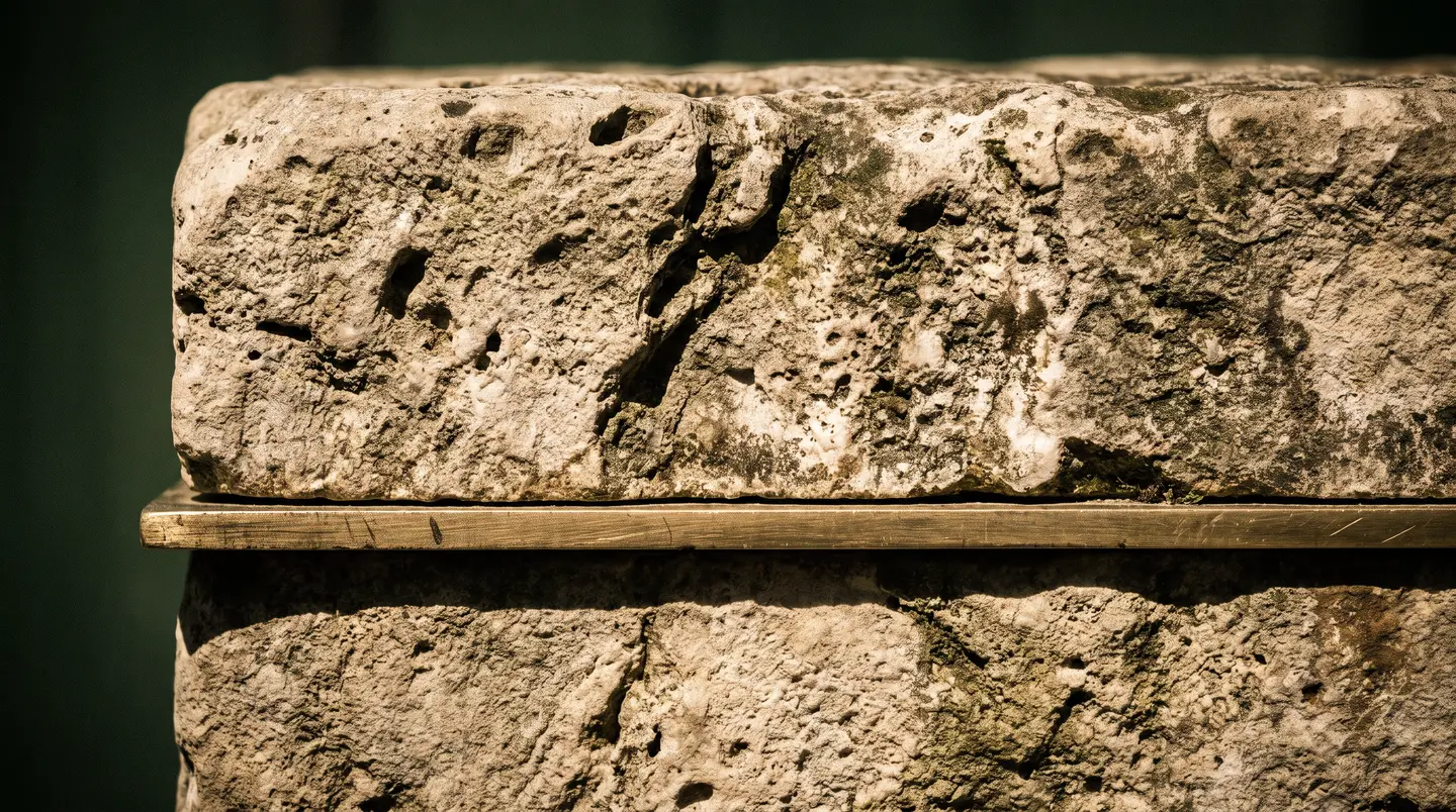 A weathered limestone slab with a single brushed-brass rule inlaid across it under hard noon shadow.